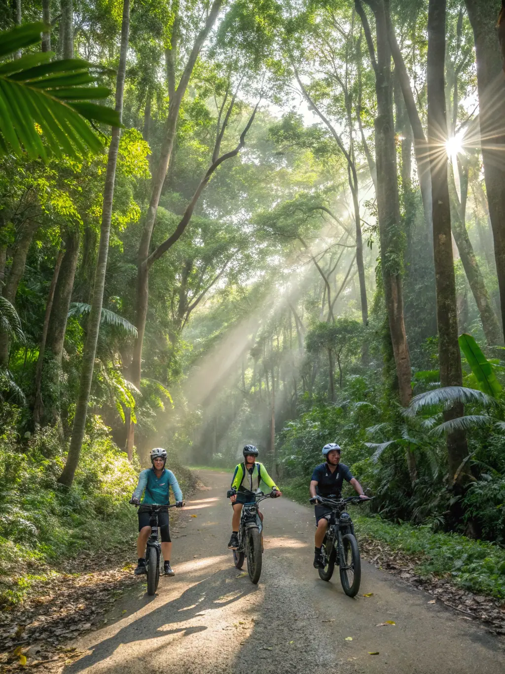 A vibrant image of tourists riding e-bikes through a lush rainforest in Costa Rica, showcasing the adventure and natural beauty of the tour.